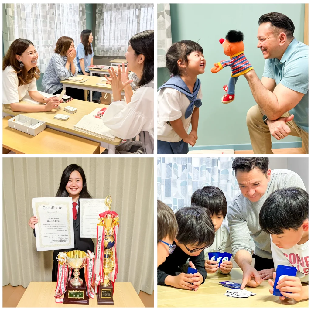 高松英会話ケビンズイングリッシュハウスでキッズ、子ども、幼稚園児、中学生、高校生、大人まで、幅広い年齢の生徒たちが楽しく英語を学んでいる笑顔いっぱいのコラージュ写真